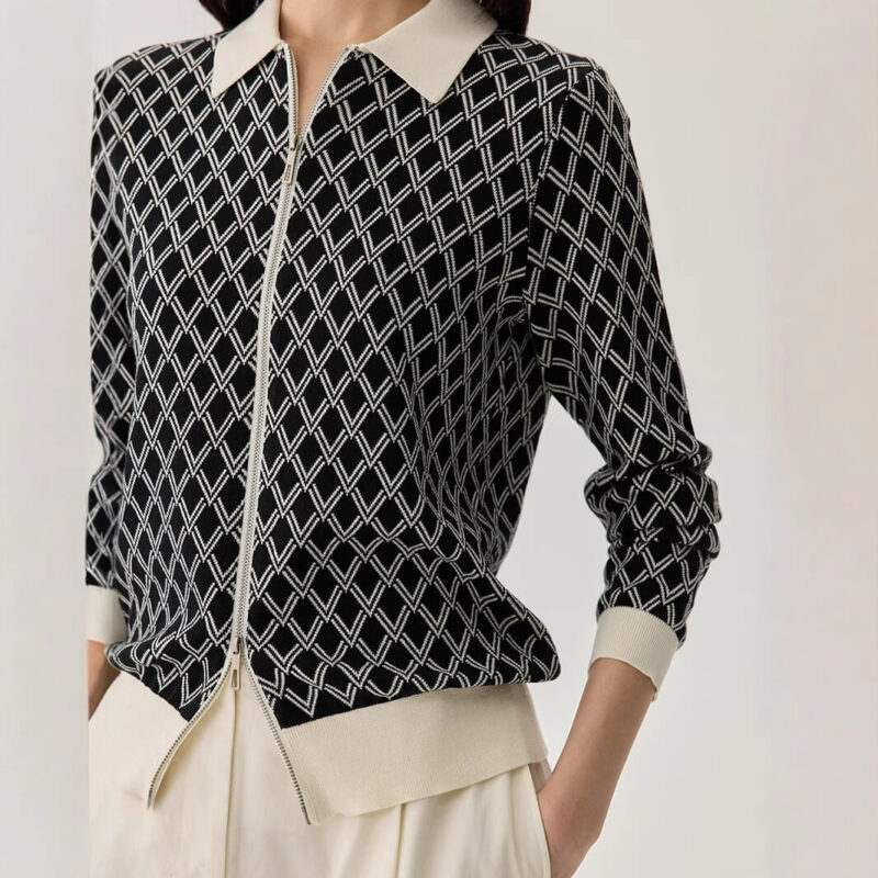 POLO Collar Black and White Check Silk Jacket 2