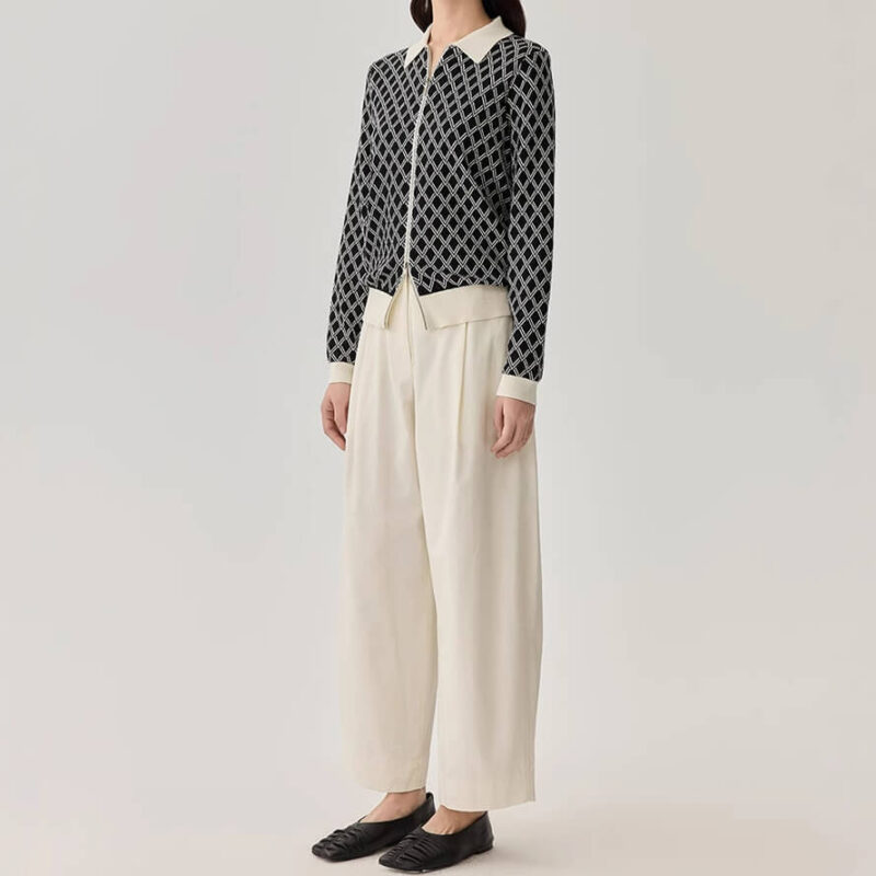 POLO Collar Black and White Check Silk Jacket 4
