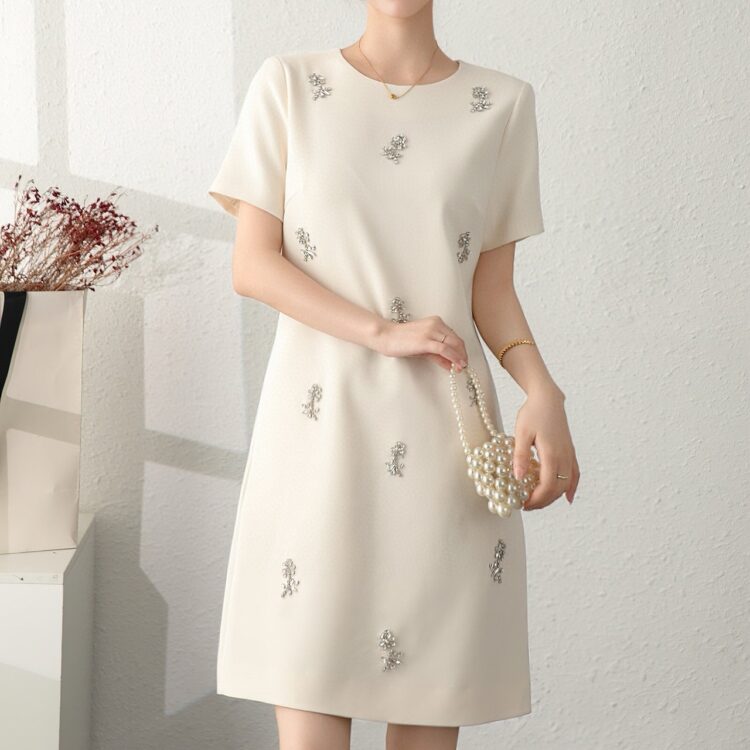 Pink and apricot beaded short sleeve dress