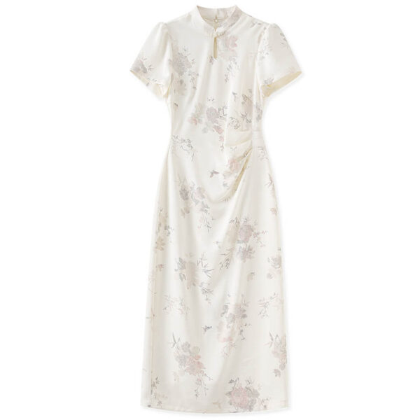 Printed Cool-feeling Gold Stamping Printing Pearl Buttons Stand-up Collar Cheongsam
