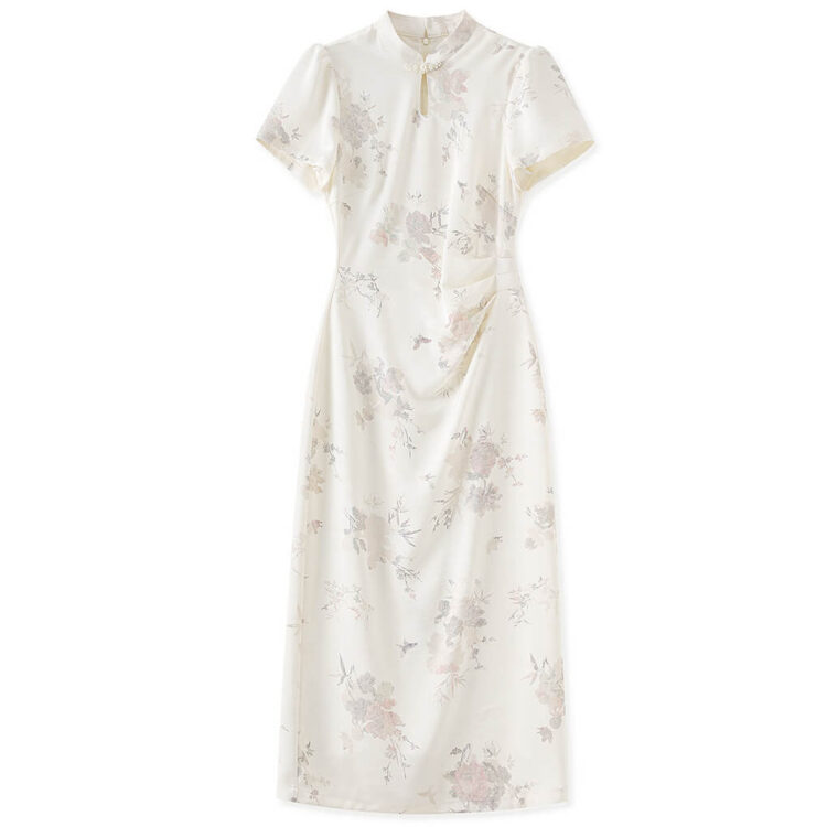 Printed Cool-feeling Gold Stamping Printing Pearl Buttons Stand-up Collar Cheongsam