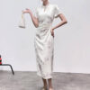 Printed Cool-feeling Gold Stamping Printing Pearl Buttons Stand-up Collar Cheongsam