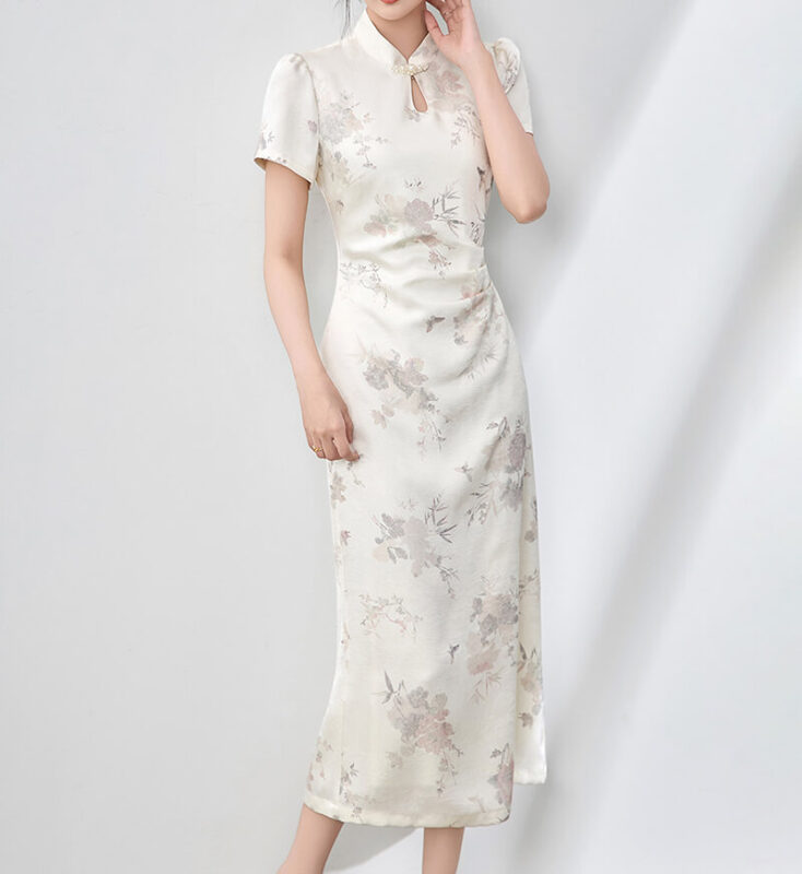 Printed Cool-feeling Gold Stamping Printing Pearl Buttons Stand-up Collar Cheongsam