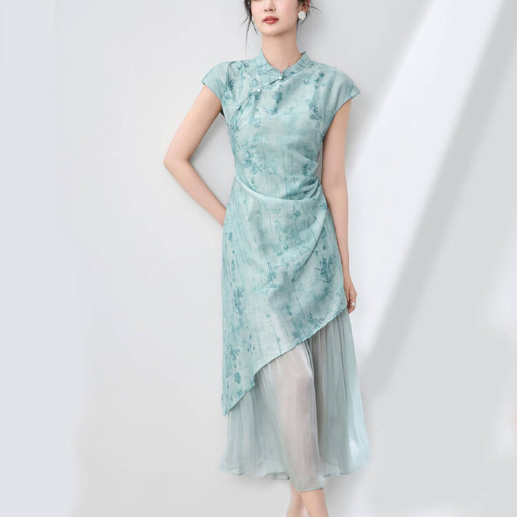 Pseudo-two-piece Subtle Pattern Jacquard Patchwork Iridescent Yarn Cheongsam