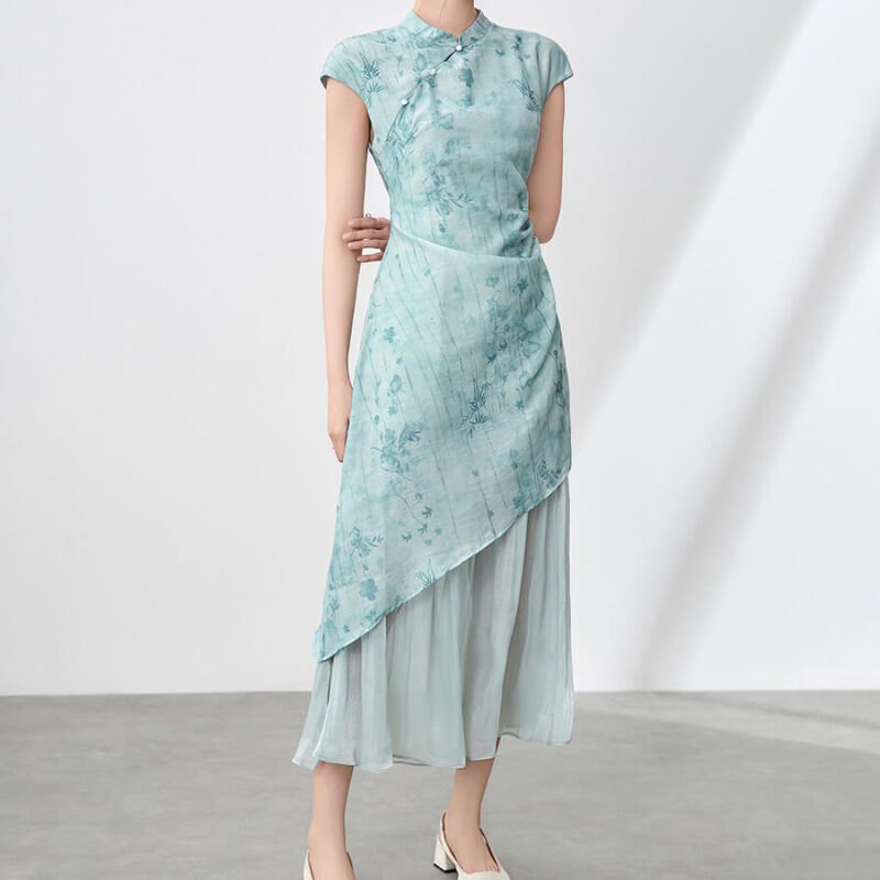 Pseudo-two-piece Subtle Pattern Jacquard Patchwork Iridescent Yarn Cheongsam