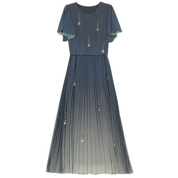 Resort Style Fake Two Piece Tudded Pleated Gradient Blue Dress 3