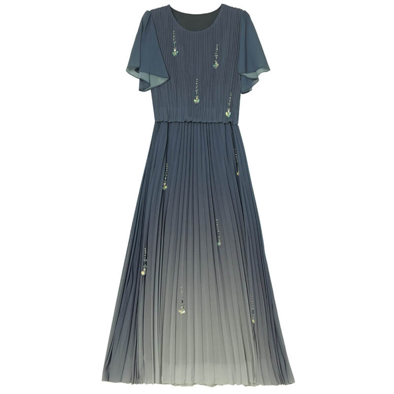Resort Style Fake Two Piece Tudded Pleated Gradient Blue Dress 3