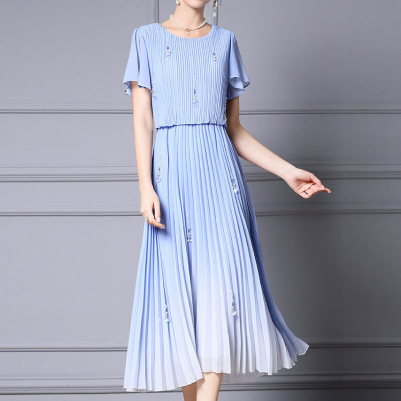 Resort Style Fake Two Piece Tudded Pleated Gradient Blue Dress 8