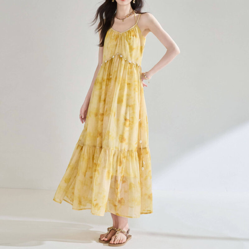 Resort style Retro Yellow Floral Suspender Dress 2