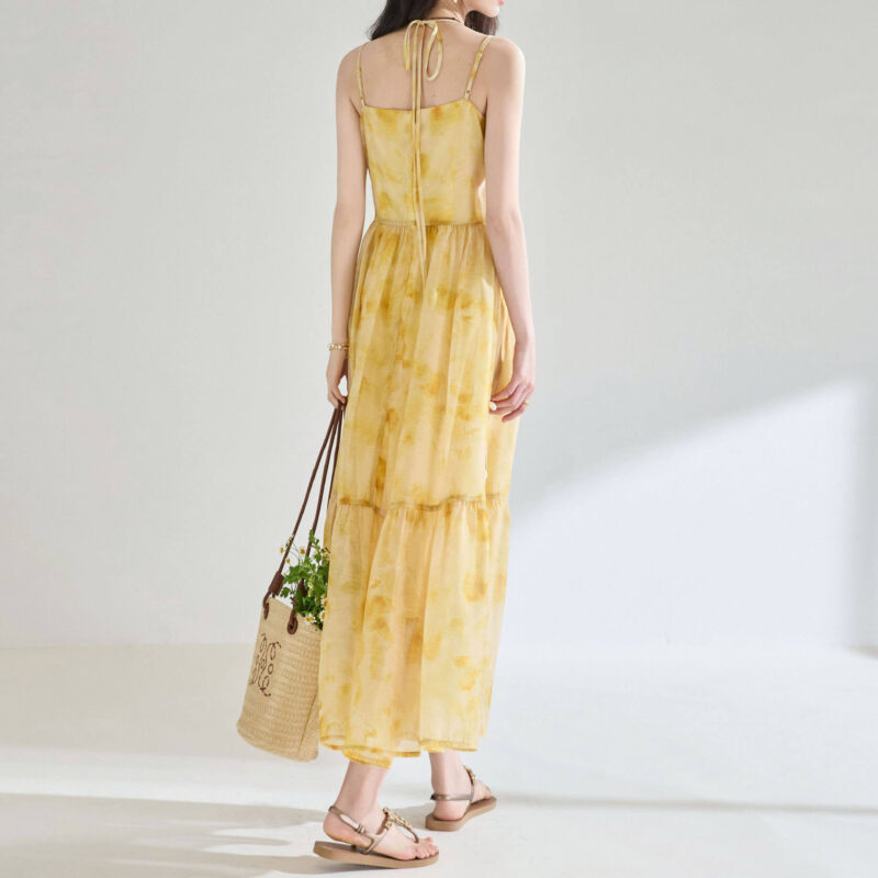 Resort style Retro Yellow Floral Suspender Dress 3