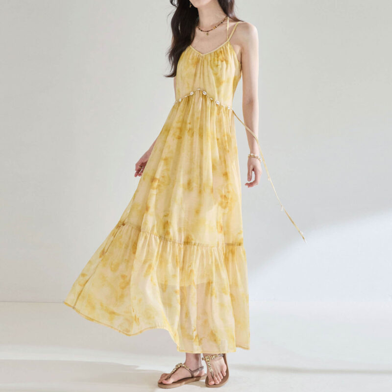 Resort style Retro Yellow Floral Suspender Dress 4