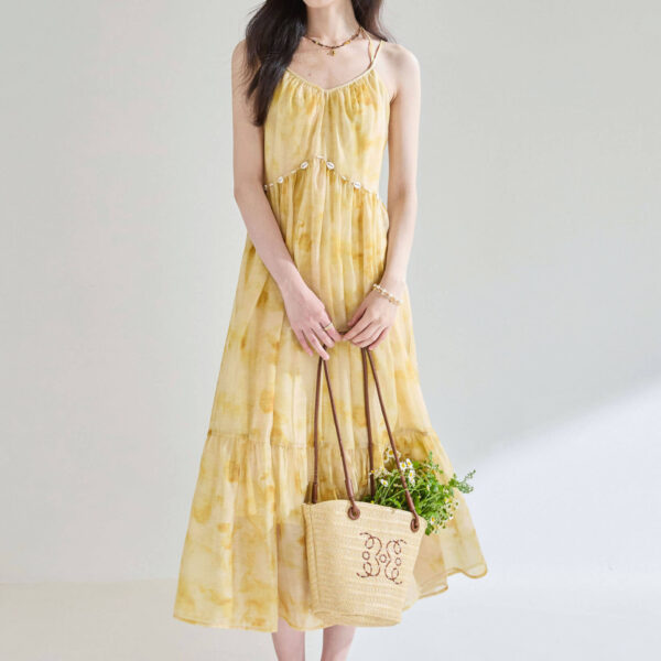 Resort style Retro Yellow Floral Suspender Dress 5