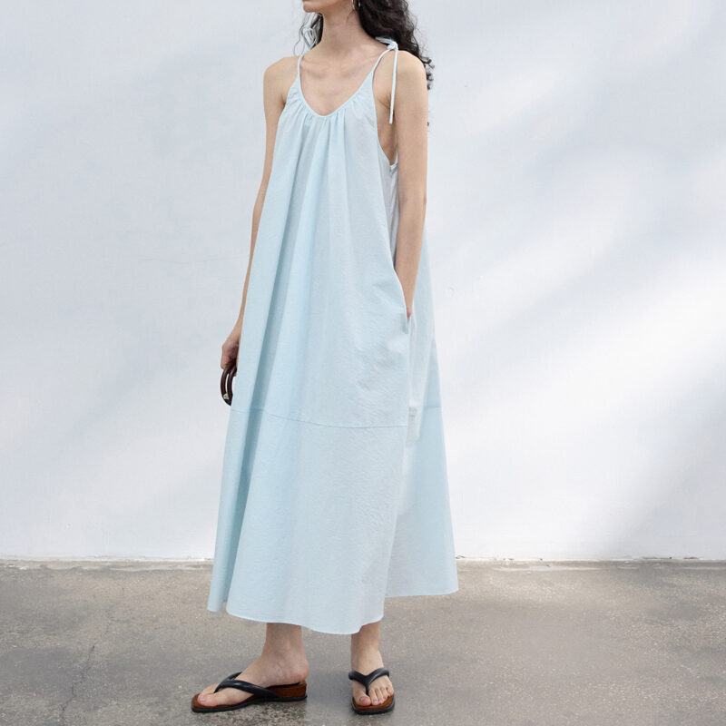 Resort style U neck Sling Dress With Pleated Collar 1