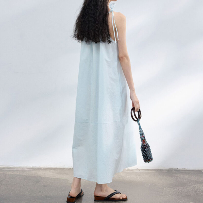 Resort style U neck Sling Dress With Pleated Collar 4