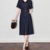 Retro Commuter Short Sleeve Shirt Style Slit Denim Dress