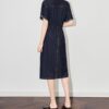 Retro Commuter Short Sleeve Shirt Style Slit Denim Dress