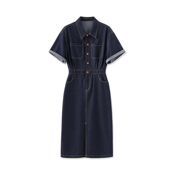 Retro Commuter Short Sleeve Shirt Style Slit Denim Dress