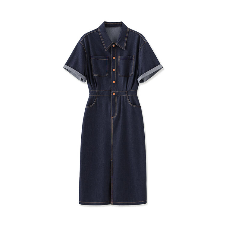 Retro Commuter Short Sleeve Shirt Style Slit Denim Dress