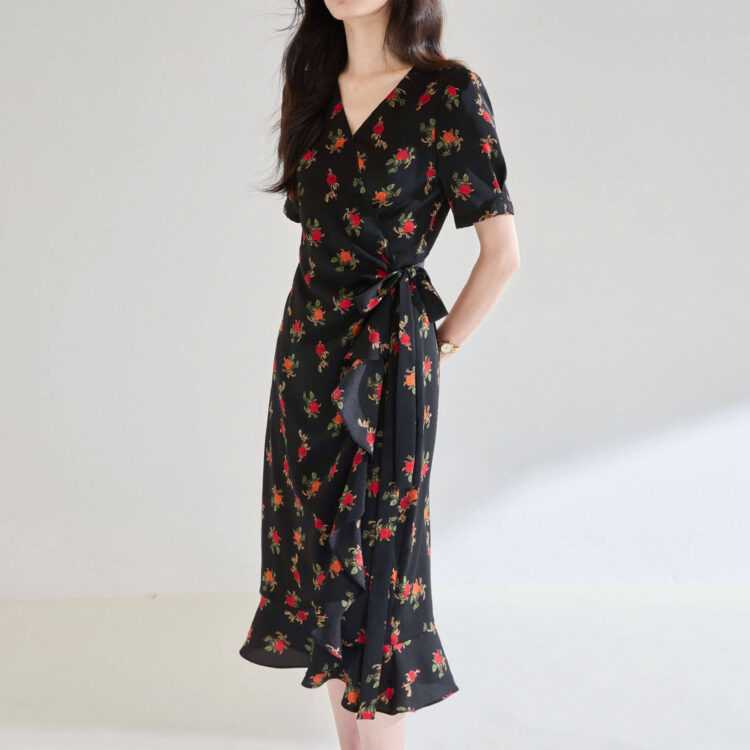 Rose Print Wrap Ruffle Tea Dress