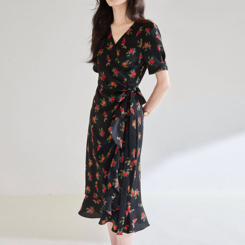 Rose Print Wrap Ruffle Tea Dress 1