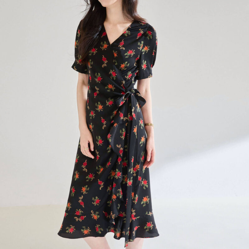 Rose Print Wrap Ruffle Tea Dress 2