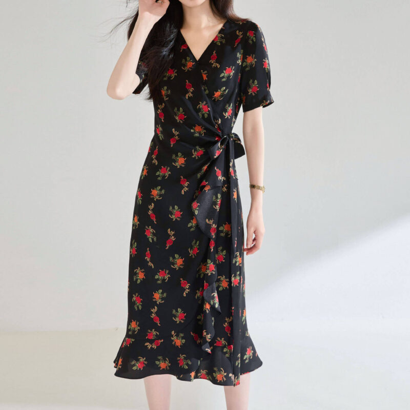 Rose Print Wrap Ruffle Tea Dress 3