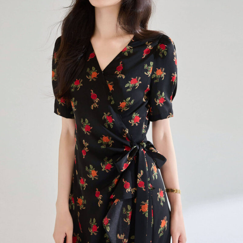 Rose Print Wrap Ruffle Tea Dress 4