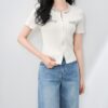 Round Neck Beaded Sequin Double Zipper Short Sleeve Knit Top
