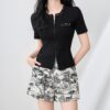 Round Neck Beaded Sequin Double Zipper Short Sleeve Knit Top