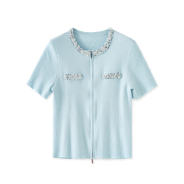 Round Neck Beaded Sequin Double Zipper Short Sleeve Knit Top