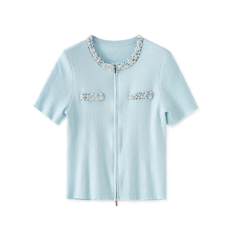 Round Neck Beaded Sequin Double Zipper Short Sleeve Knit Top