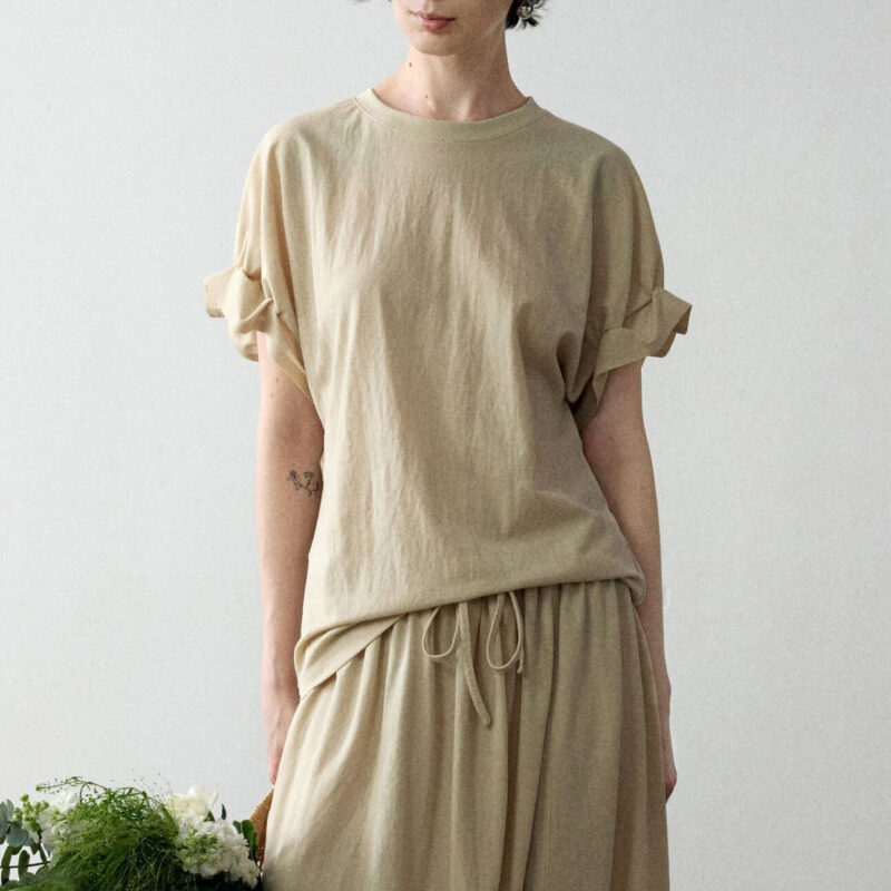 Round Neck Linen Pleated Tencel Linen T-shirt