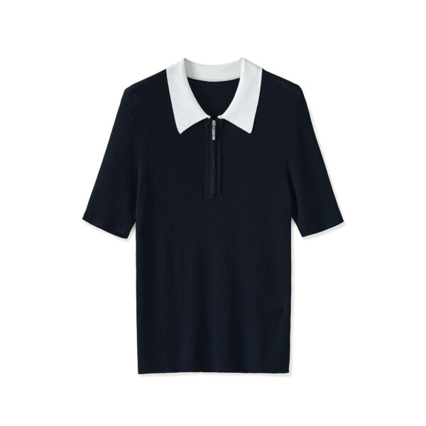 Royal blue POLO contrast lapel short sleeved knit top 5