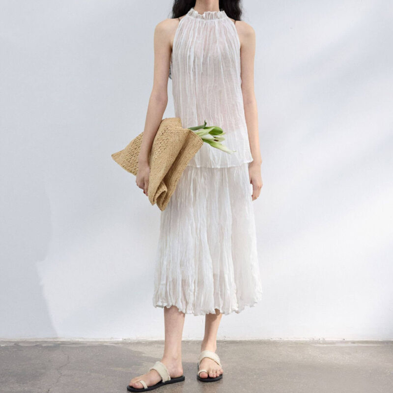Ruffle Collar Tencel Pleated Textured Vest 5