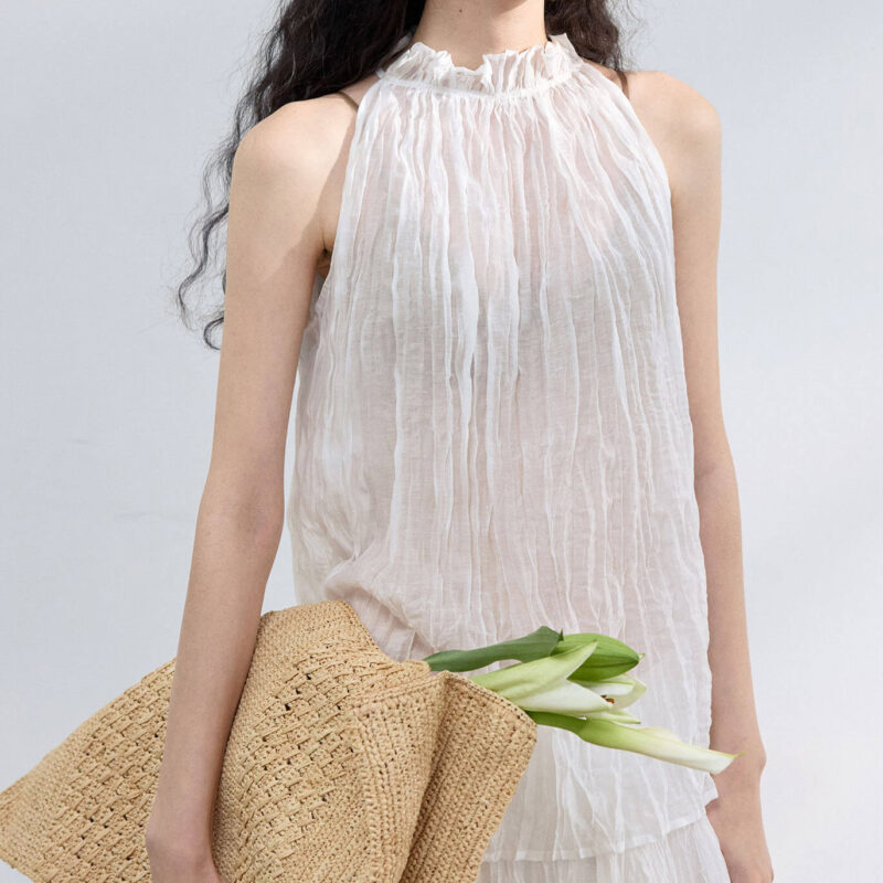Ruffle Collar Tencel Pleated Textured Vest 7