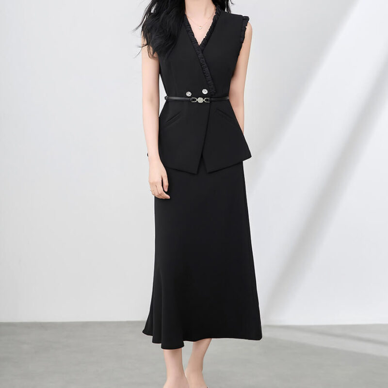 Ruffled Sleeveless Suit Vest + Casual Skirt Set