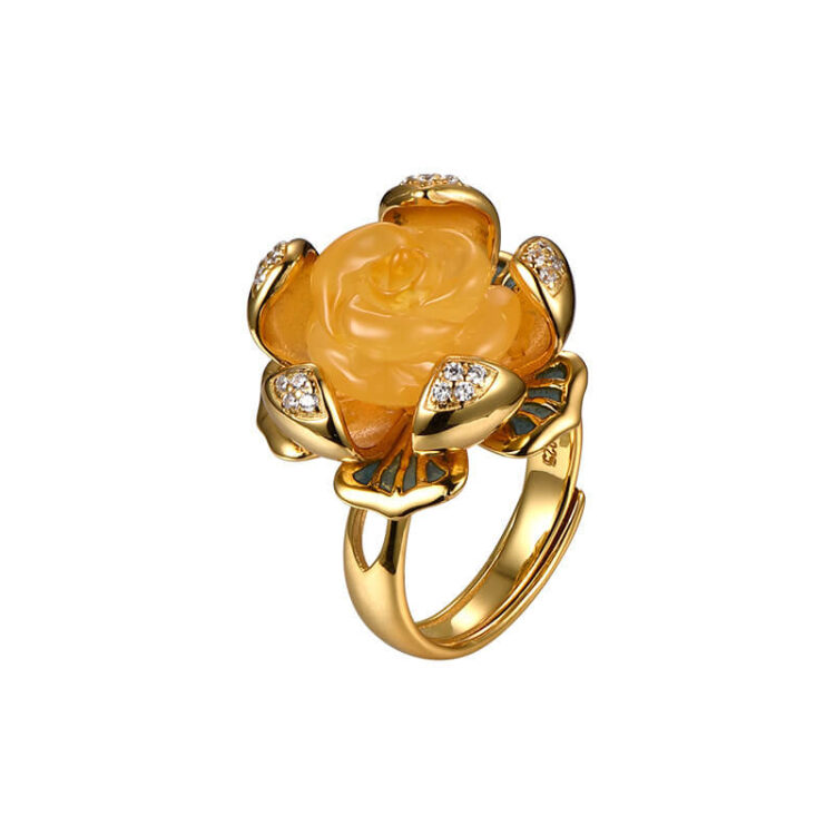 S925 Silver Gold-plated Amber Rose (Rotatable) Beeswax Open Ring