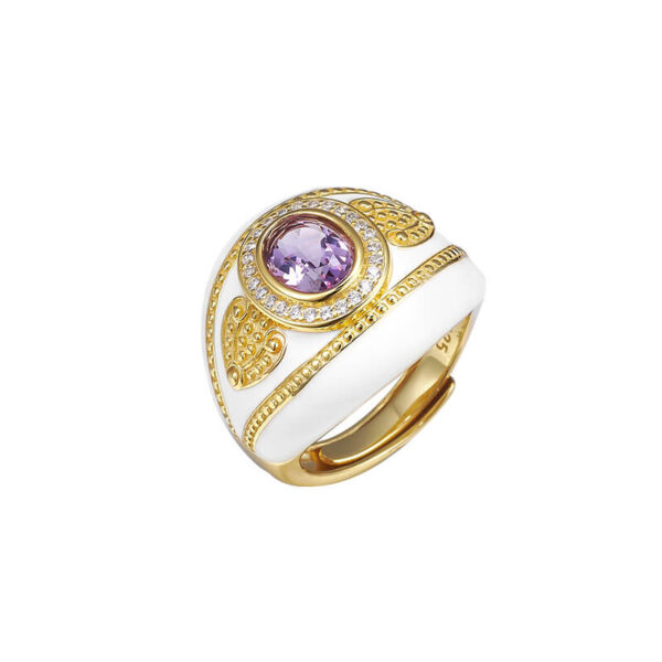 S925 Silver Gold plated Retro Palace Style Amethyst Enamel Drip Glaze Ring 1