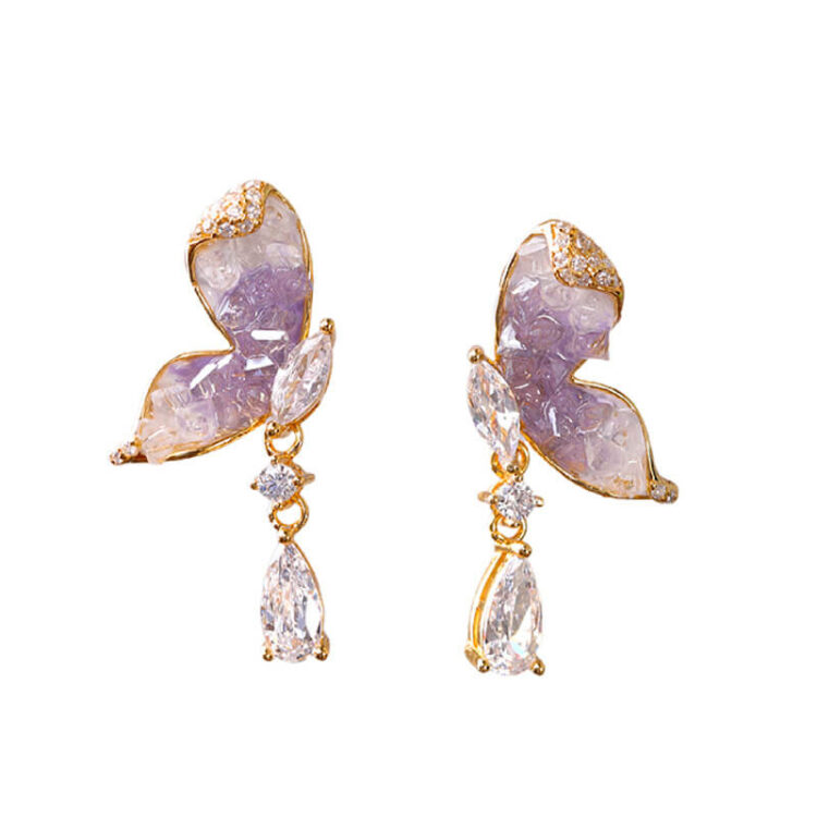 S925 Silver Gold-plated Synthetic Amethyst Butterfly Stud Earrings