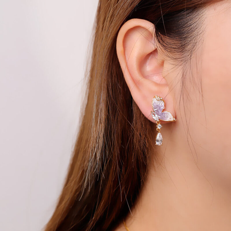 S925 Silver Gold plated Synthetic Amethyst Butterfly Stud Earrings 2