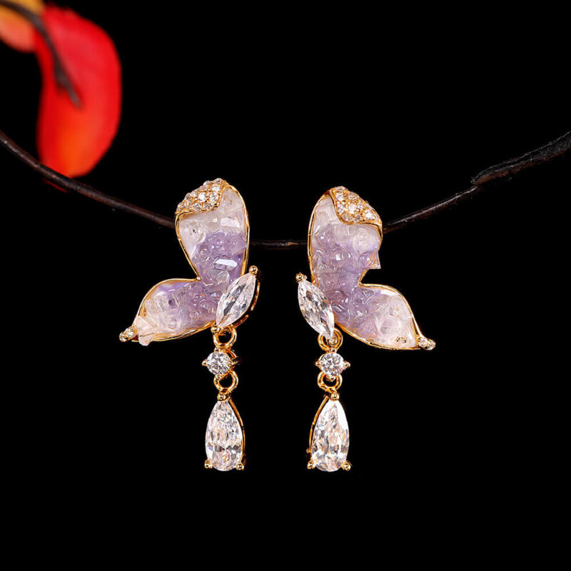 S925 Silver Gold plated Synthetic Amethyst Butterfly Stud Earrings 3