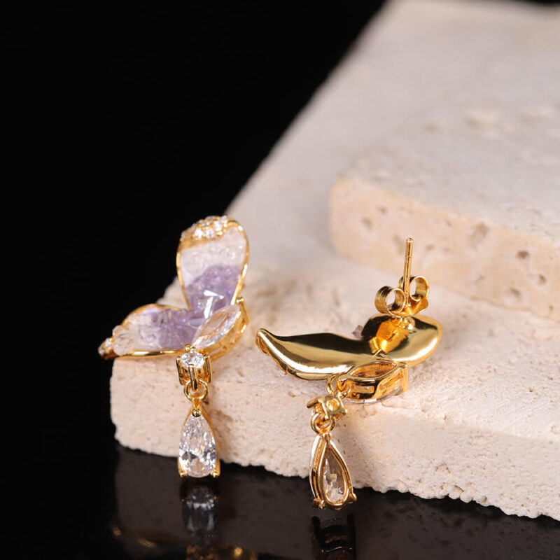 S925 Silver Gold plated Synthetic Amethyst Butterfly Stud Earrings 4