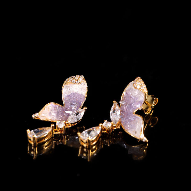 S925 Silver Gold plated Synthetic Amethyst Butterfly Stud Earrings 5