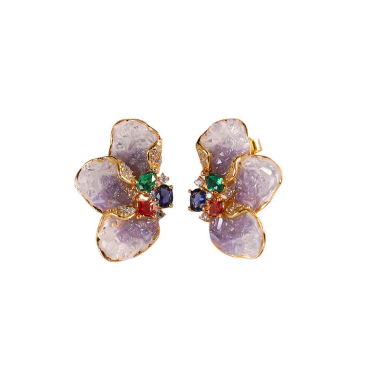 S925 Silver Gold-plated Synthetic Amethyst Flower Stud Earrings