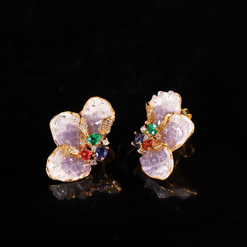 S925 Silver Gold plated Synthetic Amethyst Flower Stud Earrings 2