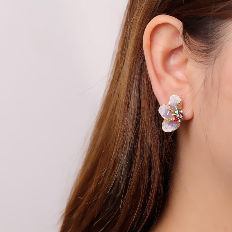 S925 Silver Gold plated Synthetic Amethyst Flower Stud Earrings 4