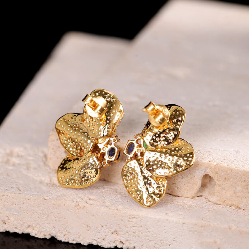 S925 Silver Gold plated Synthetic Amethyst Flower Stud Earrings 6