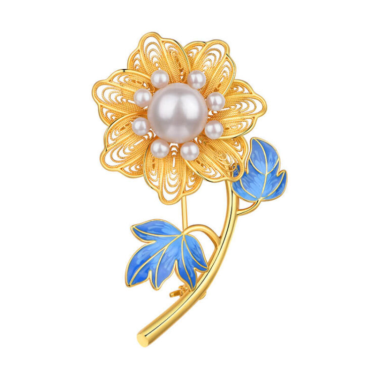 S925 Silver Inlaid Pearl Filigree Enamel Brooch