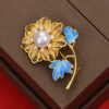 S925 Silver Inlaid Pearl Filigree Enamel Brooch