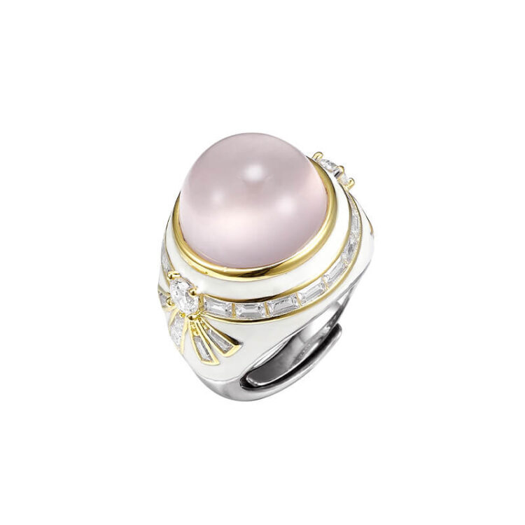S925 Silver Vintage Inlaid Zircon Glaze Pink Crystal Open Ring